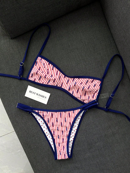 Swim Mod New Women's Beach Swimsuit Set Summer New Arrival Versatile Reversible 2-Piece Set Popular Fit Blue Red White Colorway Double-Sided Wear 2-Piece Set Ocean Fish Print Red White Polka Dot Print