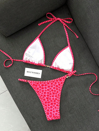 Swim Mod New Women's Swimsuit Set Summer New Beach Versatile 2-Piece Set Sweet Series Pink Bikini Set, Hot-Selling Pink Floral Flower Print, Light And Dark Pink Striped Contrast Trim Design, Adjustabl