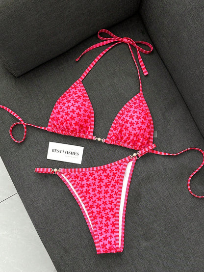 Swim Mod New Women's Swimsuit Set Summer New Beach Versatile 2-Piece Set Sweet Series Pink Bikini Set, Hot-Selling Pink Floral Flower Print, Light And Dark Pink Striped Contrast Trim Design, Adjustabl