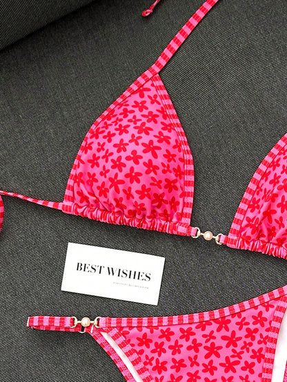 Swim Mod New Women's Swimsuit Set Summer New Beach Versatile 2-Piece Set Sweet Series Pink Bikini Set, Hot-Selling Pink Floral Flower Print, Light And Dark Pink Striped Contrast Trim Design, Adjustabl