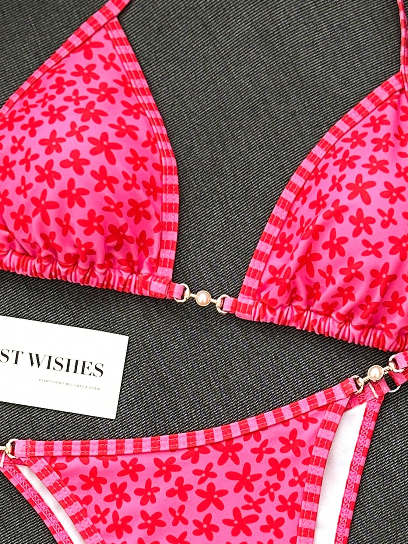 Swim Mod New Women's Swimsuit Set Summer New Beach Versatile 2-Piece Set Sweet Series Pink Bikini Set, Hot-Selling Pink Floral Flower Print, Light And Dark Pink Striped Contrast Trim Design, Adjustabl