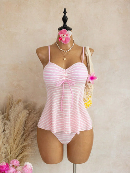 Swim Mod Pink And White Striped,Summer,Elegant,Beach Party,Holiday Two Pieces Swimsuit With Ruffle Trim Crop Top & Triangle Bottoms,Supportive Backless Bikini