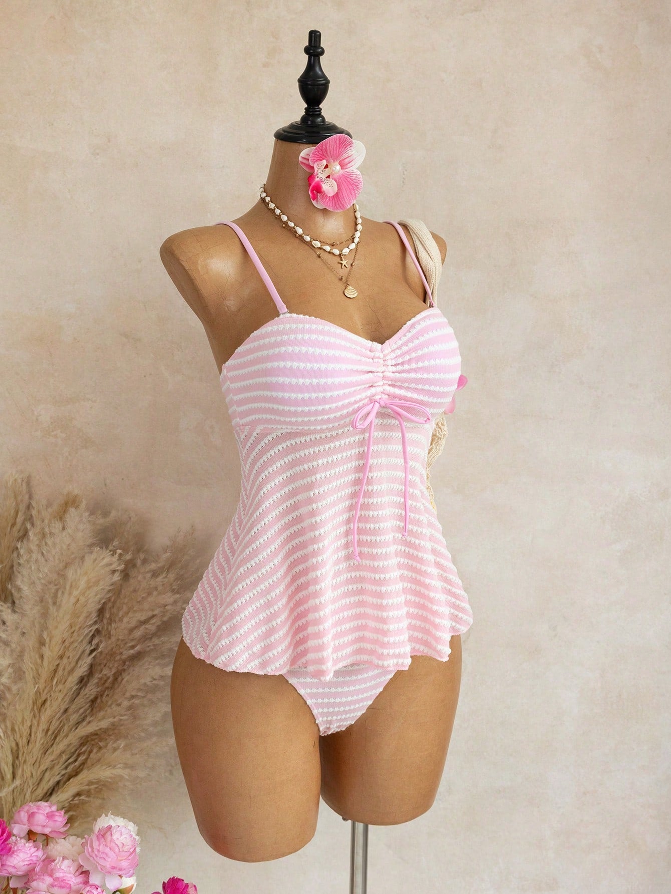 Swim Mod Pink And White Striped,Summer,Elegant,Beach Party,Holiday Two Pieces Swimsuit With Ruffle Trim Crop Top & Triangle Bottoms,Supportive Backless Bikini