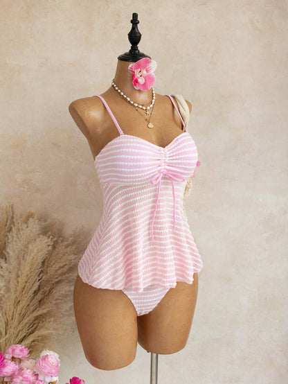 Swim Mod Pink And White Striped,Summer,Elegant,Beach Party,Holiday Two Pieces Swimsuit With Ruffle Trim Crop Top & Triangle Bottoms,Supportive Backless Bikini
