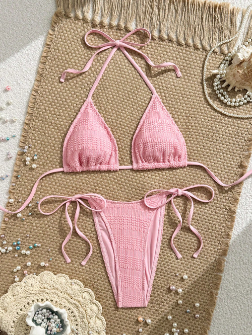 Swim Mod Pink, Summer, Tropical, Beach Vacation, Holiday, Textured Fabric Ripped Glow-In-The-Dark Neon Yellow Side Tie High Cut Triangle Top Bikini Set