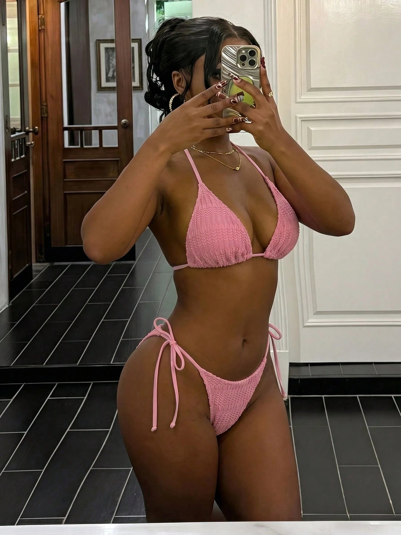 Swim Mod Pink, Summer, Tropical, Beach Vacation, Holiday, Textured Fabric Ripped Glow-In-The-Dark Neon Yellow Side Tie High Cut Triangle Top Bikini Set