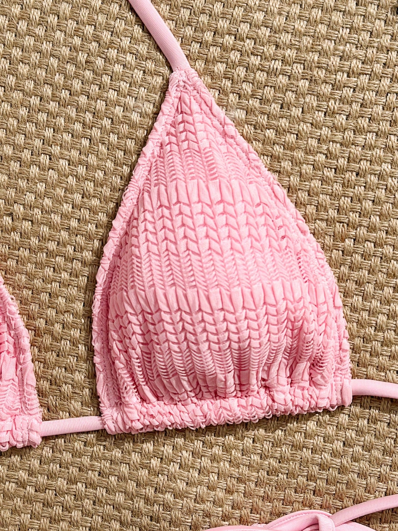 Swim Mod Pink, Summer, Tropical, Beach Vacation, Holiday, Textured Fabric Ripped Glow-In-The-Dark Neon Yellow Side Tie High Cut Triangle Top Bikini Set