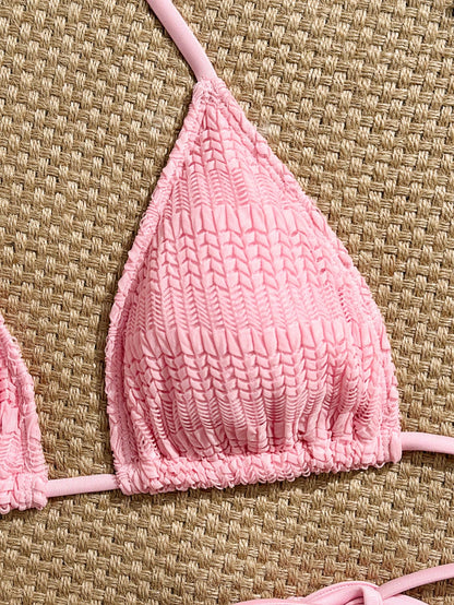 Swim Mod Pink, Summer, Tropical, Beach Vacation, Holiday, Textured Fabric Ripped Glow-In-The-Dark Neon Yellow Side Tie High Cut Triangle Top Bikini Set