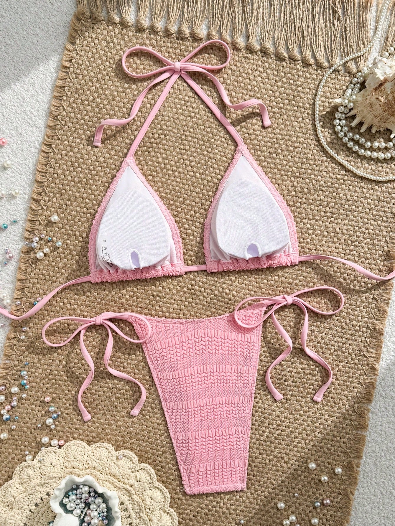 Swim Mod Pink, Summer, Tropical, Beach Vacation, Holiday, Textured Fabric Ripped Glow-In-The-Dark Neon Yellow Side Tie High Cut Triangle Top Bikini Set