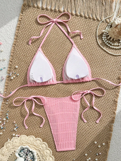 Swim Mod Pink, Summer, Tropical, Beach Vacation, Holiday, Textured Fabric Ripped Glow-In-The-Dark Neon Yellow Side Tie High Cut Triangle Top Bikini Set