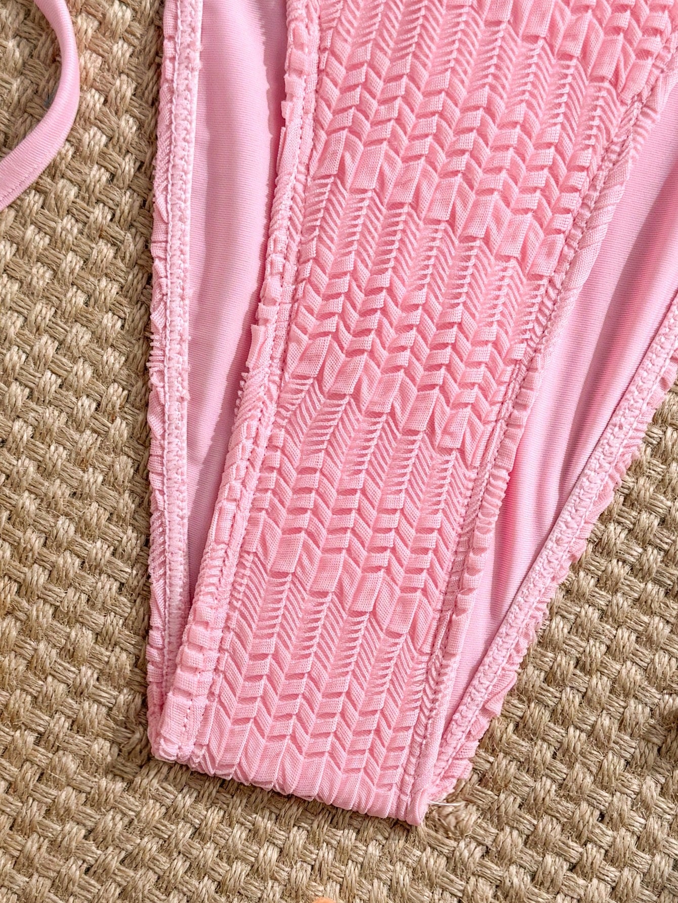 Swim Mod Pink, Summer, Tropical, Beach Vacation, Holiday, Textured Fabric Ripped Glow-In-The-Dark Neon Yellow Side Tie High Cut Triangle Top Bikini Set