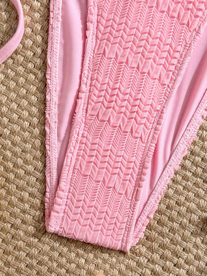 Swim Mod Pink, Summer, Tropical, Beach Vacation, Holiday, Textured Fabric Ripped Glow-In-The-Dark Neon Yellow Side Tie High Cut Triangle Top Bikini Set