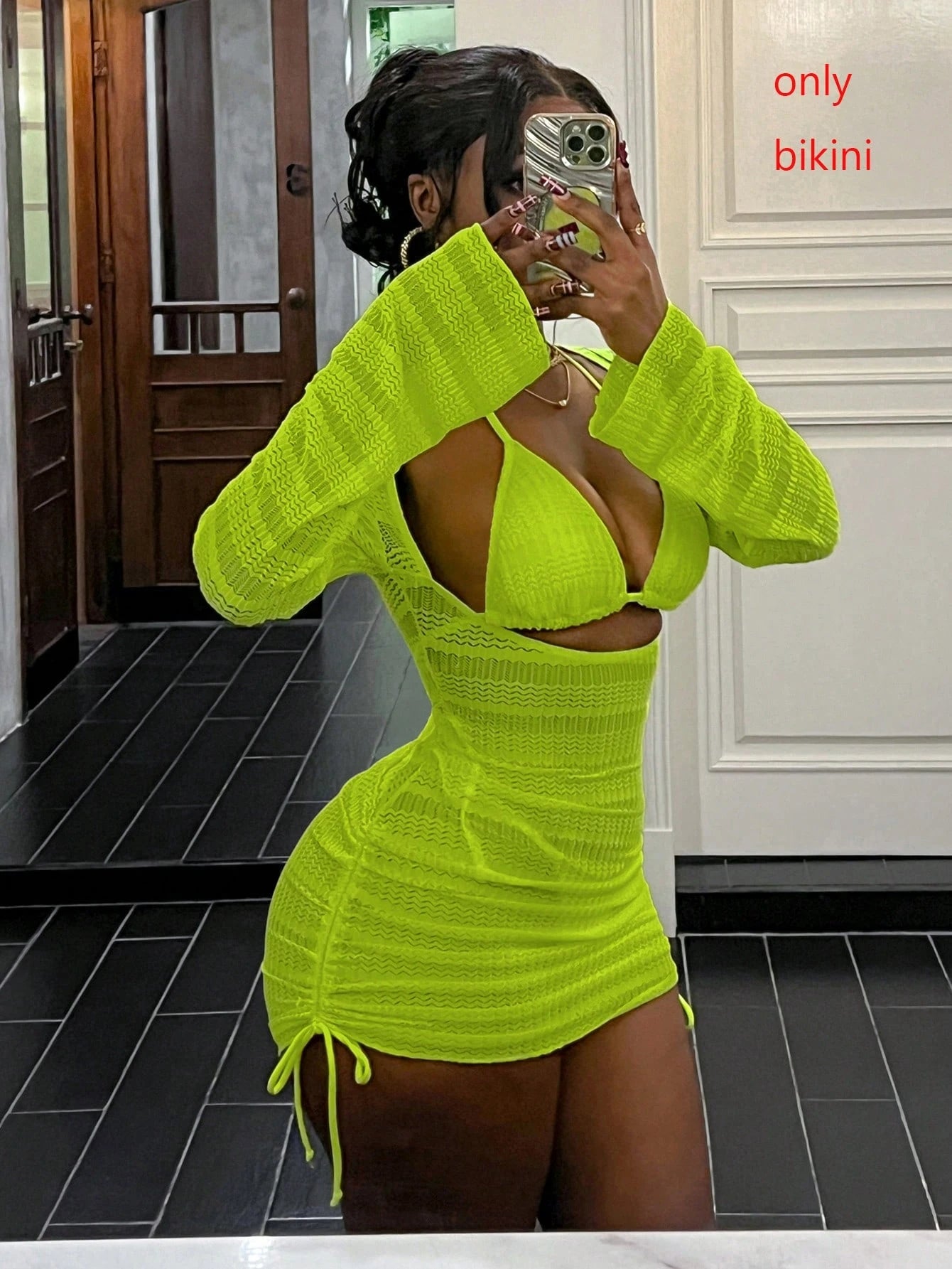 Swim Mod Pink, Summer, Tropical, Beach Vacation, Holiday, Textured Fabric Ripped Glow-In-The-Dark Neon Yellow Side Tie High Cut Triangle Top Bikini Set
