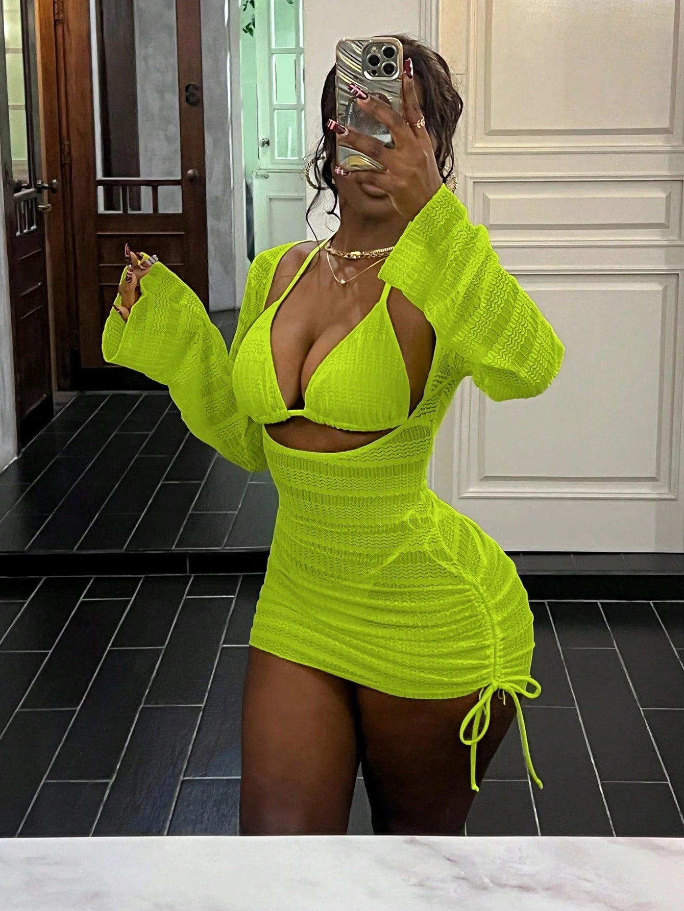 Swim Mod Pink, Summer, Tropical, Beach Vacation, Holiday, Textured Fabric Ripped Glow-In-The-Dark Neon Yellow Side Tie High Cut Triangle Top Bikini Set