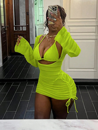 Swim Mod Pink, Summer, Tropical, Beach Vacation, Holiday, Textured Fabric Ripped Glow-In-The-Dark Neon Yellow Side Tie High Cut Triangle Top Bikini Set