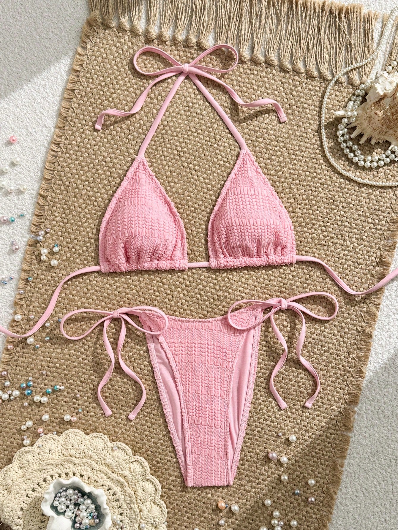 Swim Mod Pink, Summer, Tropical, Beach Vacation, Holiday, Textured Fabric Ripped Glow-In-The-Dark Neon Yellow Side Tie High Cut Triangle Top Bikini Set