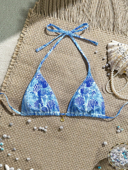 Swim Mod Random Golden Shell Printed Halter Triangle Bikini Top, Sexy Summer Vacation Swimwear