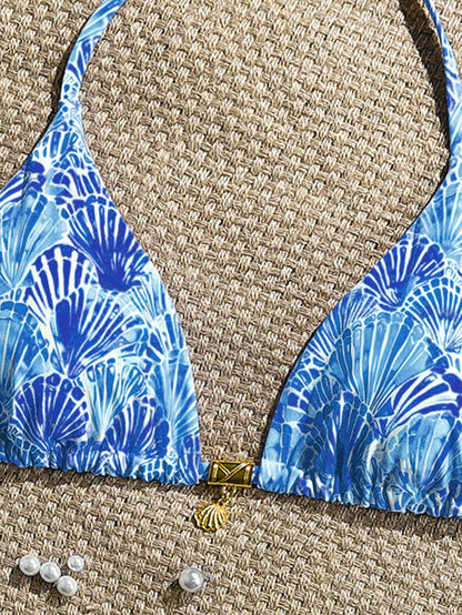 Swim Mod Random Golden Shell Printed Halter Triangle Bikini Top, Sexy Summer Vacation Swimwear