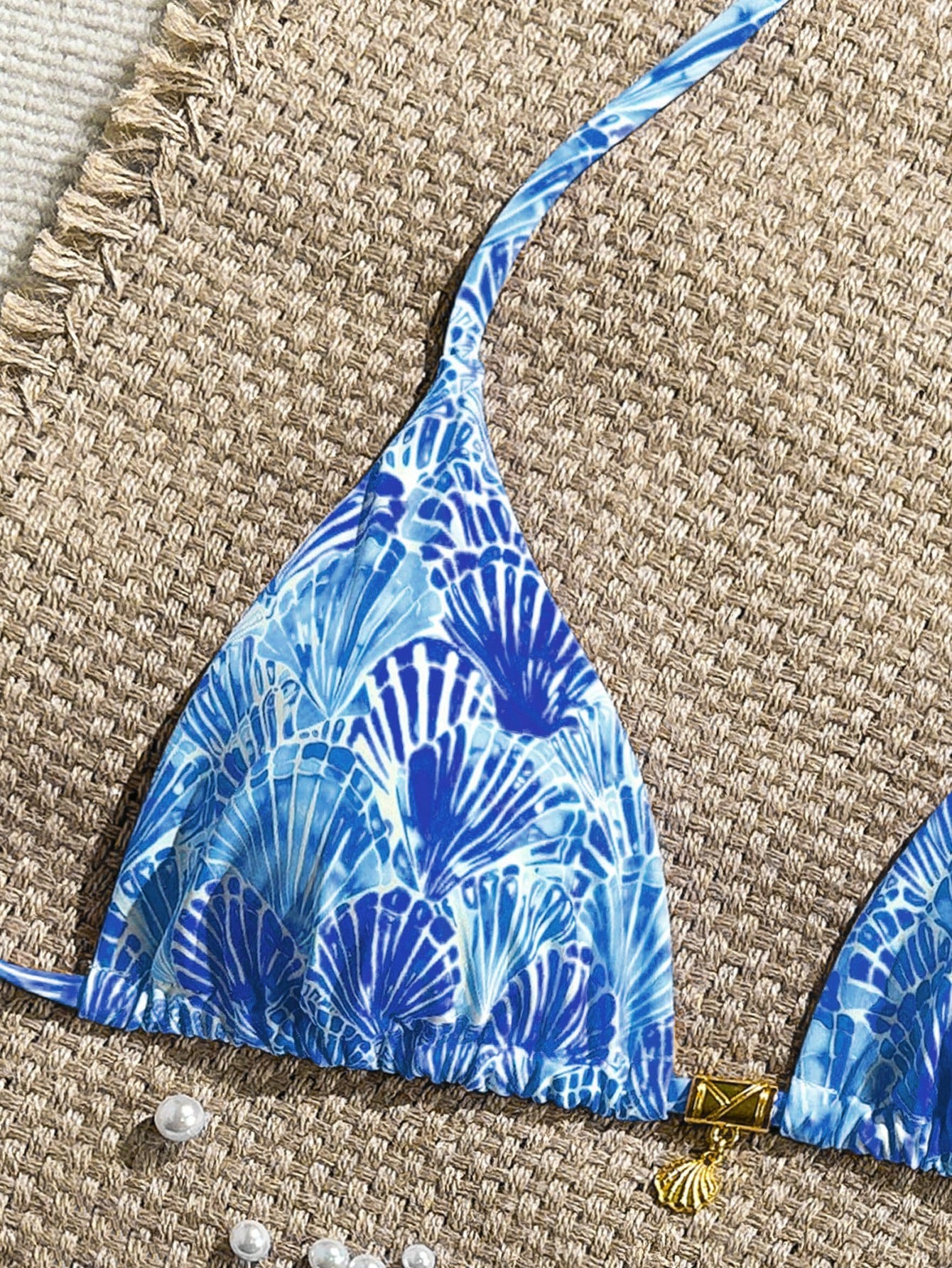 Swim Mod Random Golden Shell Printed Halter Triangle Bikini Top, Sexy Summer Vacation Swimwear