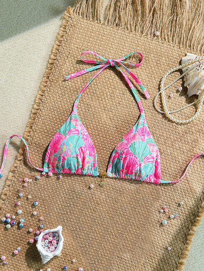 Swim Mod Random Golden Shell Printed Halter Triangle Bikini Top, Sexy Summer Vacation Swimwear