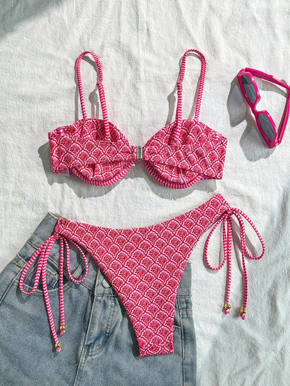 Swim Mod Random Print Wire-Free Push Up Cami Top And Side Tie Swim Bottoms Women 2 Pieces Swimsuit For Beach Summer Holiday Pink
