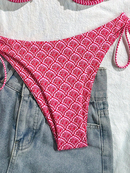 Swim Mod Random Print Wire-Free Push Up Cami Top And Side Tie Swim Bottoms Women 2 Pieces Swimsuit For Beach Summer Holiday Pink