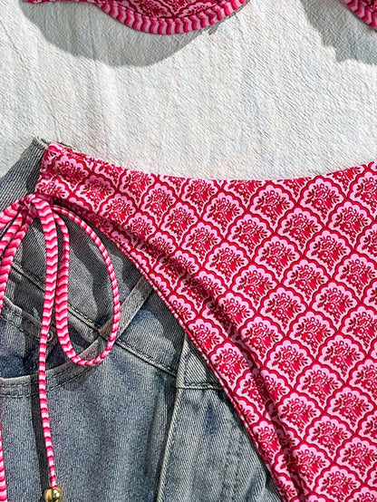 Swim Mod Random Print Wire-Free Push Up Cami Top And Side Tie Swim Bottoms Women 2 Pieces Swimsuit For Beach Summer Holiday Pink