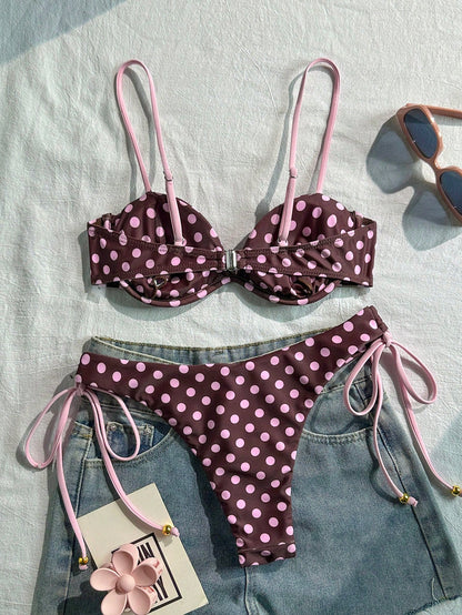 Swim Mod Random Print Wire-Free Push Up Cami Top And Side Tie Swim Bottoms Women 2 Pieces Swimsuit For Beach Summer Holiday Pink