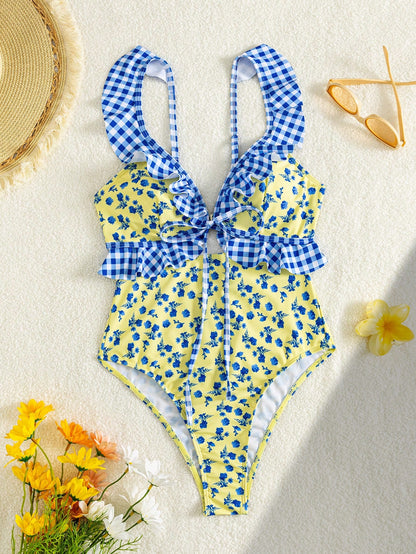 Swim Mod Sexy Floral Ruffled Hollow-Out Backless One-Piece Swimsuit For Women, Summer Vacation