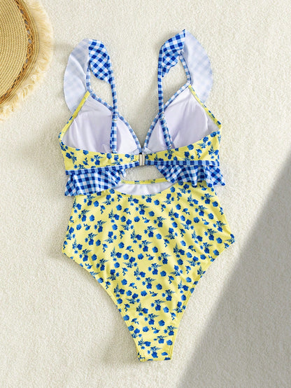 Swim Mod Sexy Floral Ruffled Hollow-Out Backless One-Piece Swimsuit For Women, Summer Vacation