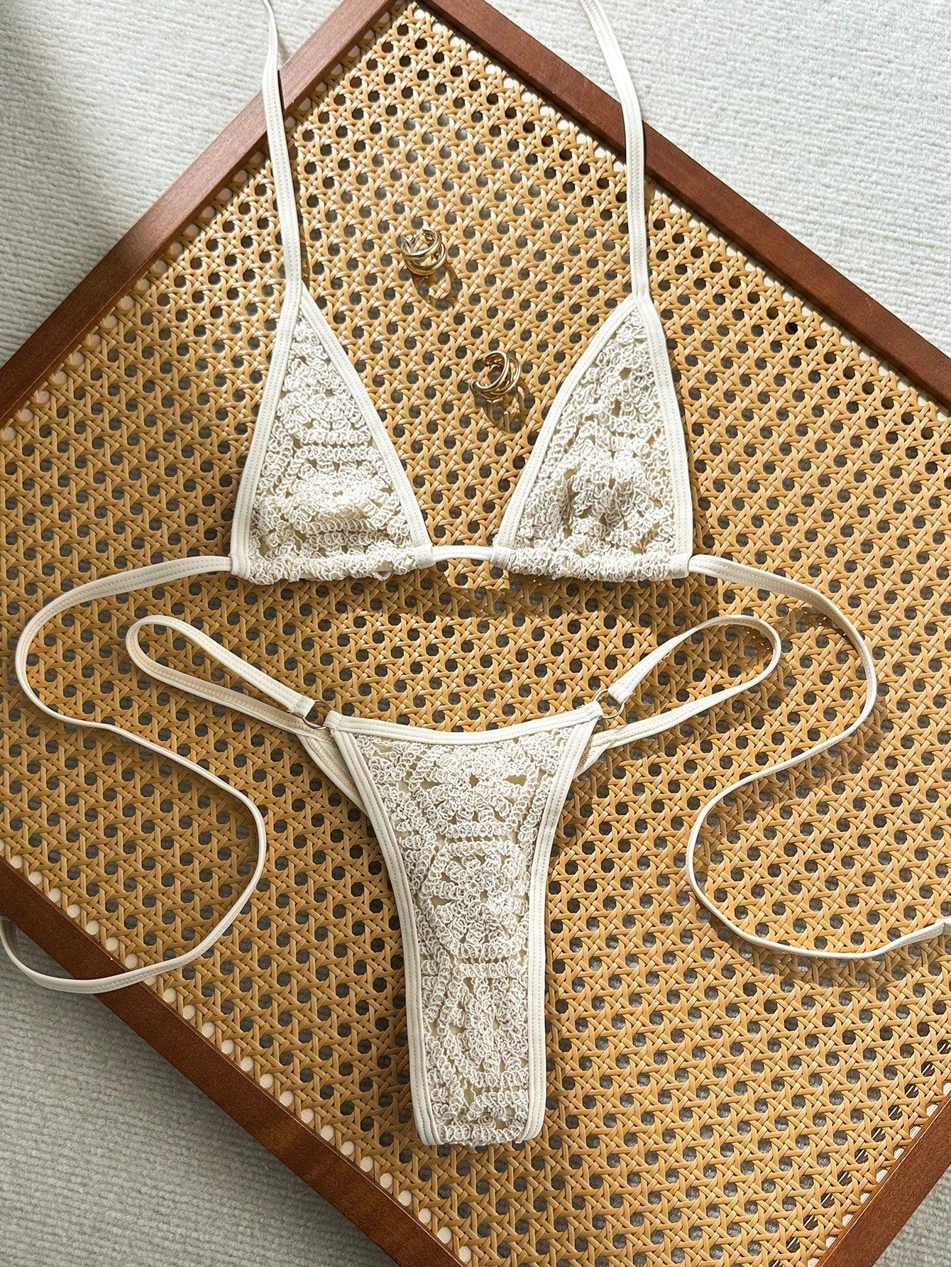 Swim Mod Solid Color Knit Bikini Set For Beach Vacation