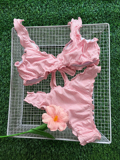 Swim Mod Solid Color Pink Ruffle Trim Tie-Up Bikini Set, Sweet Ruffled Thermal Spring Resort Swimwear For Women