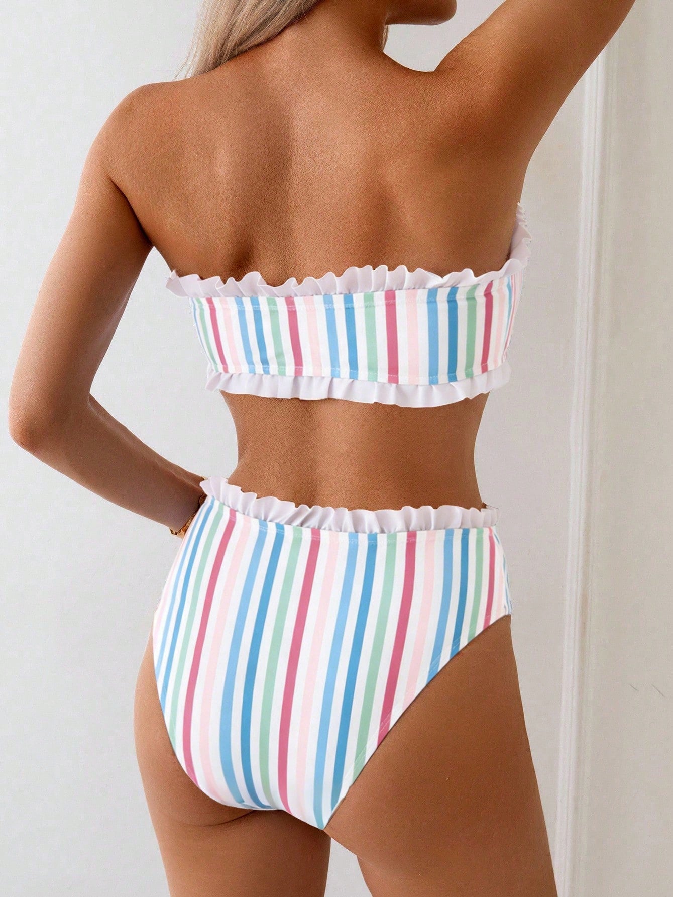 Swim Mod Spring/Summer Beach Vacation Striped Print 2 Pieces Set, Ruched Neckline, Ruffled Hem Pants