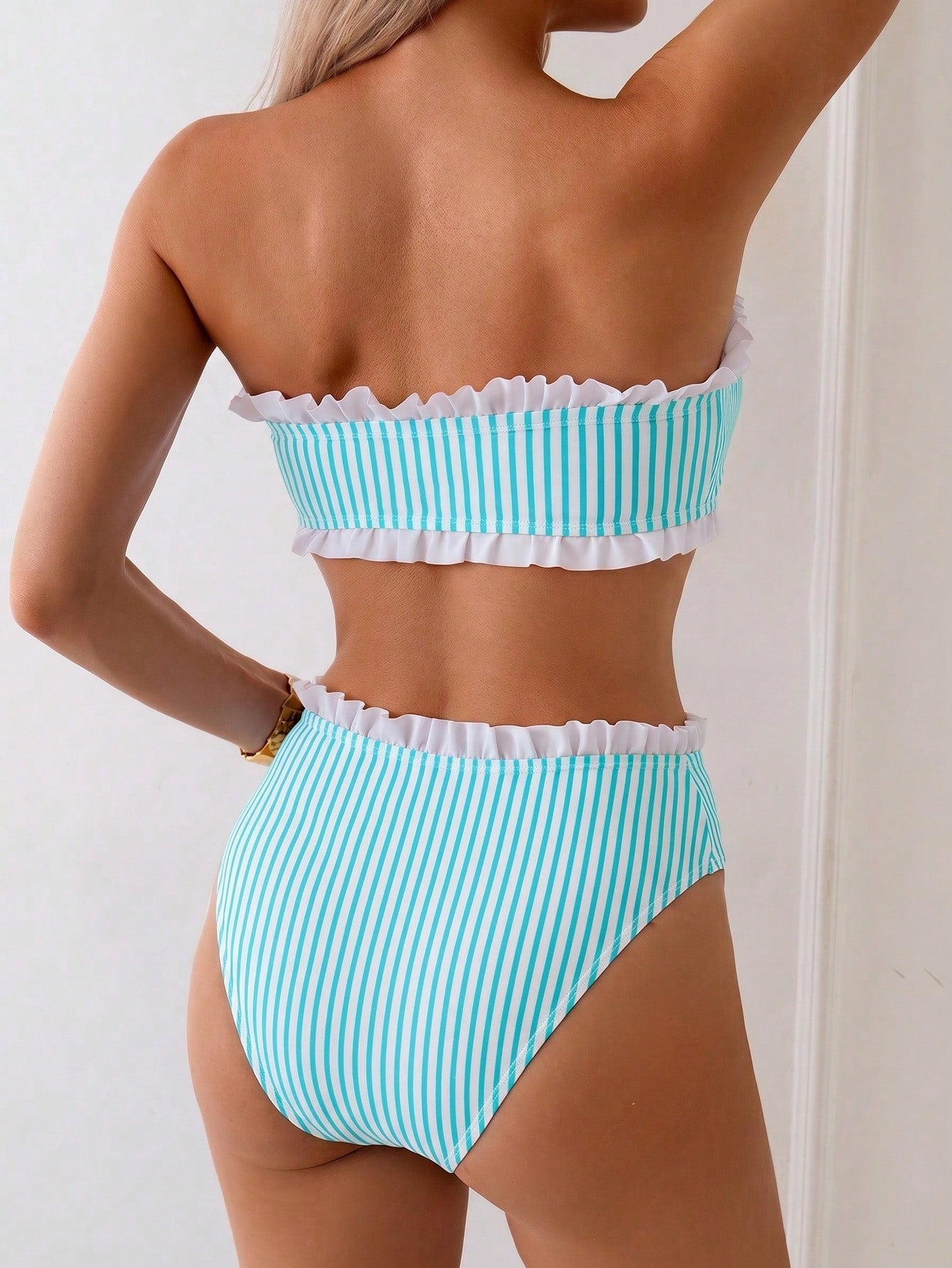 Swim Mod Spring/Summer Beach Vacation Striped Print 2 Pieces Set, Ruched Neckline, Ruffled Hem Pants