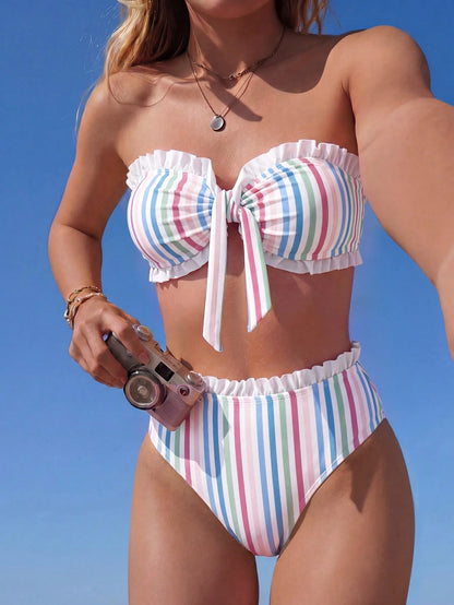 Swim Mod Spring/Summer Beach Vacation Striped Print 2 Pieces Set, Ruched Neckline, Ruffled Hem Pants
