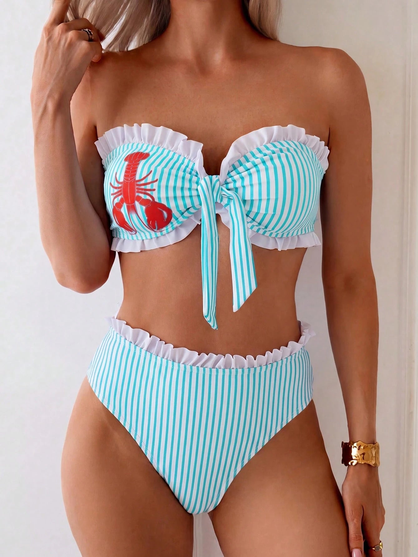 Swim Mod Spring/Summer Beach Vacation Striped Print 2 Pieces Set, Ruched Neckline, Ruffled Hem Pants