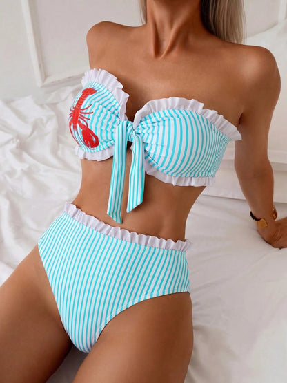 Swim Mod Spring/Summer Beach Vacation Striped Print 2 Pieces Set, Ruched Neckline, Ruffled Hem Pants