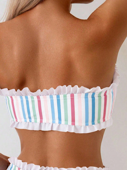 Swim Mod Spring/Summer Beach Vacation Striped Print 2 Pieces Set, Ruched Neckline, Ruffled Hem Pants