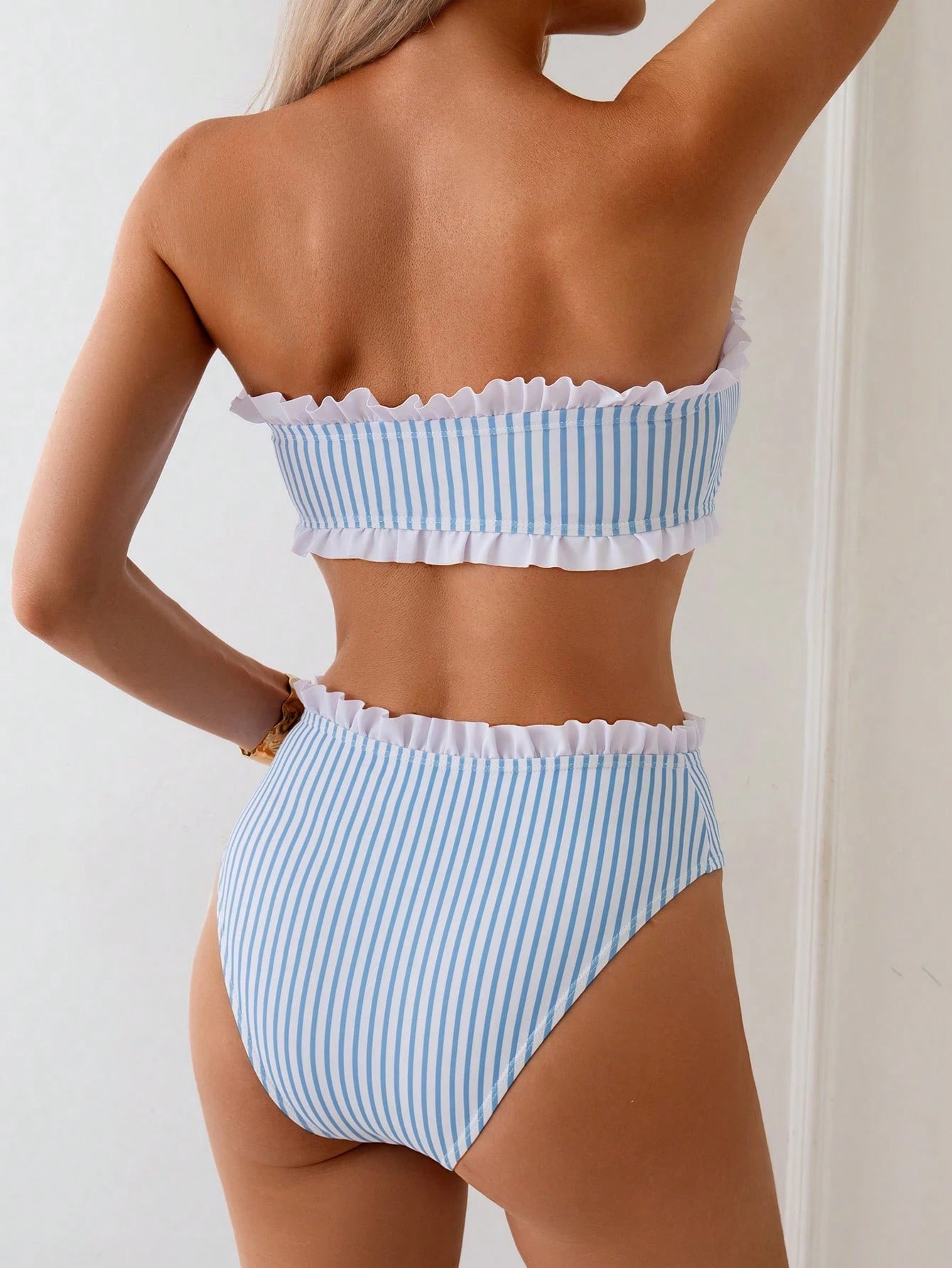 Swim Mod Spring/Summer Beach Vacation Striped Print 2 Pieces Set, Ruched Neckline, Ruffled Hem Pants