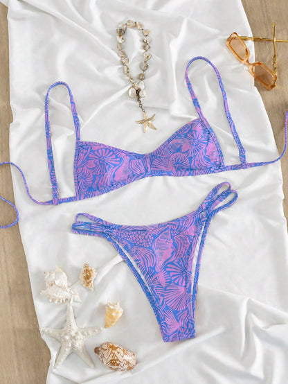 Swim Mod Spring/Summer New Cross-Border Sweet Blue Ocean Shell Print Thin Trim Two Pieces Set Three-Point High-Cut Triangle Bikini Set For Women, Small Chest Push-Up Sexy Swimsuit For Hot Spring, Beac