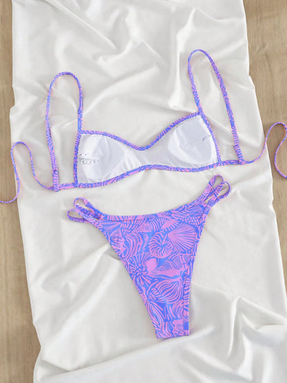 Swim Mod Spring/Summer New Cross-Border Sweet Blue Ocean Shell Print Thin Trim Two Pieces Set Three-Point High-Cut Triangle Bikini Set For Women, Small Chest Push-Up Sexy Swimsuit For Hot Spring, Beac