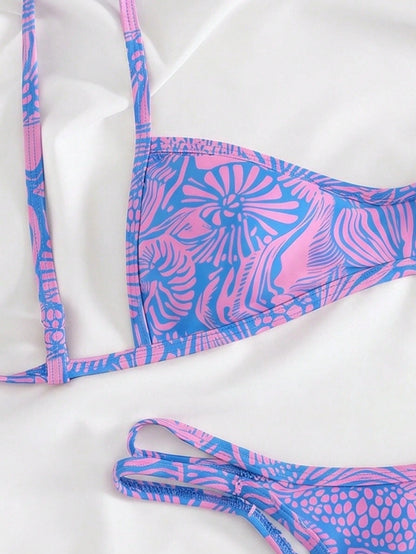 Swim Mod Spring/Summer New Cross-Border Sweet Blue Ocean Shell Print Thin Trim Two Pieces Set Three-Point High-Cut Triangle Bikini Set For Women, Small Chest Push-Up Sexy Swimsuit For Hot Spring, Beac
