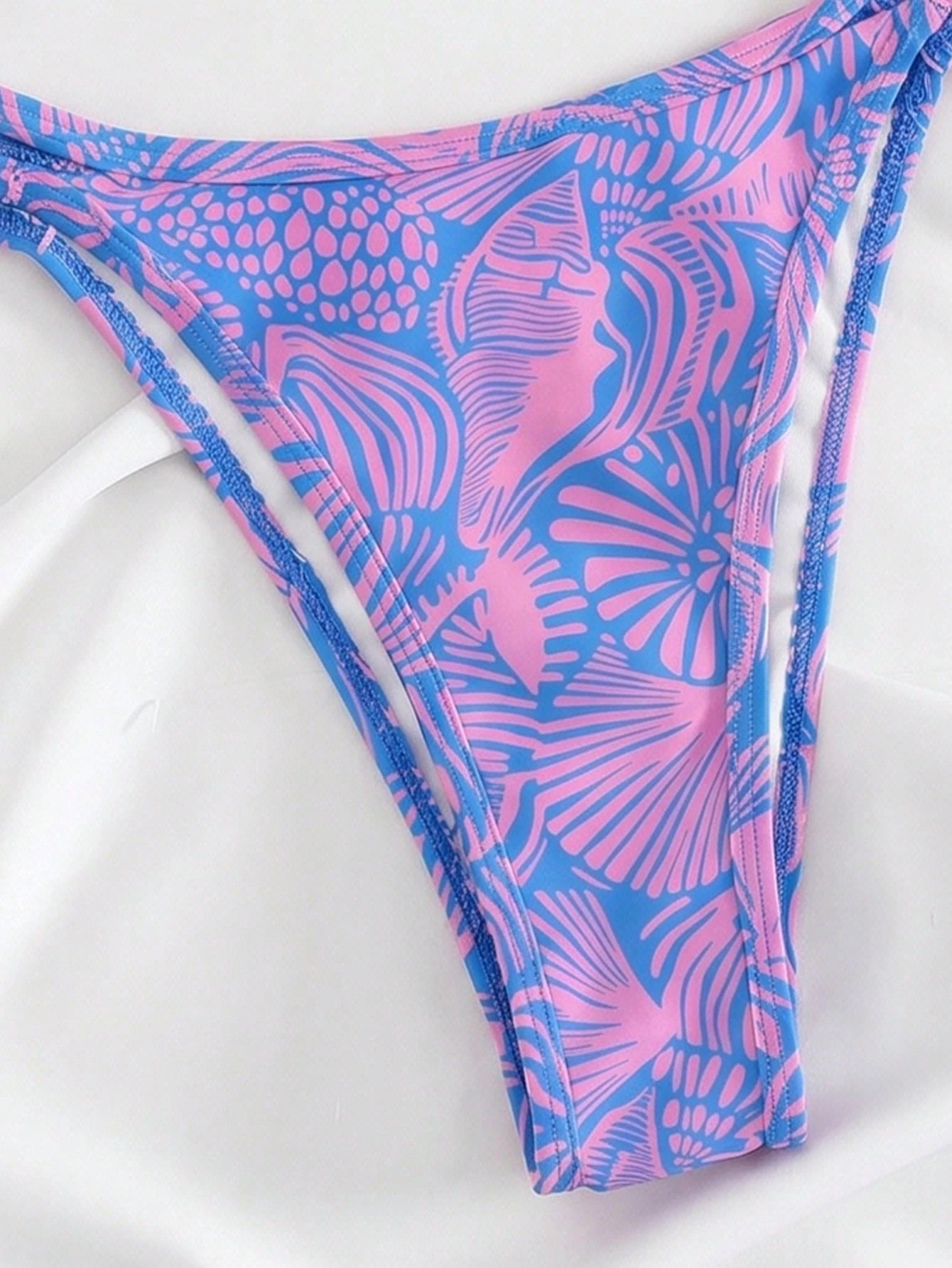 Swim Mod Spring/Summer New Cross-Border Sweet Blue Ocean Shell Print Thin Trim Two Pieces Set Three-Point High-Cut Triangle Bikini Set For Women, Small Chest Push-Up Sexy Swimsuit For Hot Spring, Beac