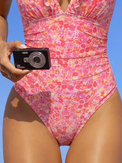 Swim Mod Spring/Summer New Women's One-Piece Swimsuit MOD Sweet Cute Yellow Base With Blue Ditsy Floral Ruffle Design One-Piece Swimsuit Suitable For Beach Sand Swimming Pool Vacation