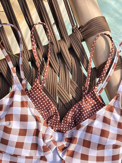 Swim Mod Spring/Summer Women's One-Piece Plaid Swimsuit With Spaghetti Strap For Beach Vacation