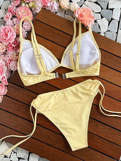 Swim Mod Spring/Summer Women's Solid Color Crochet Swimsuit With Floral Ribbon Detail And Side Tie Drawstring, 2-Piece Bikini Set For Beach Vacation, Elegant