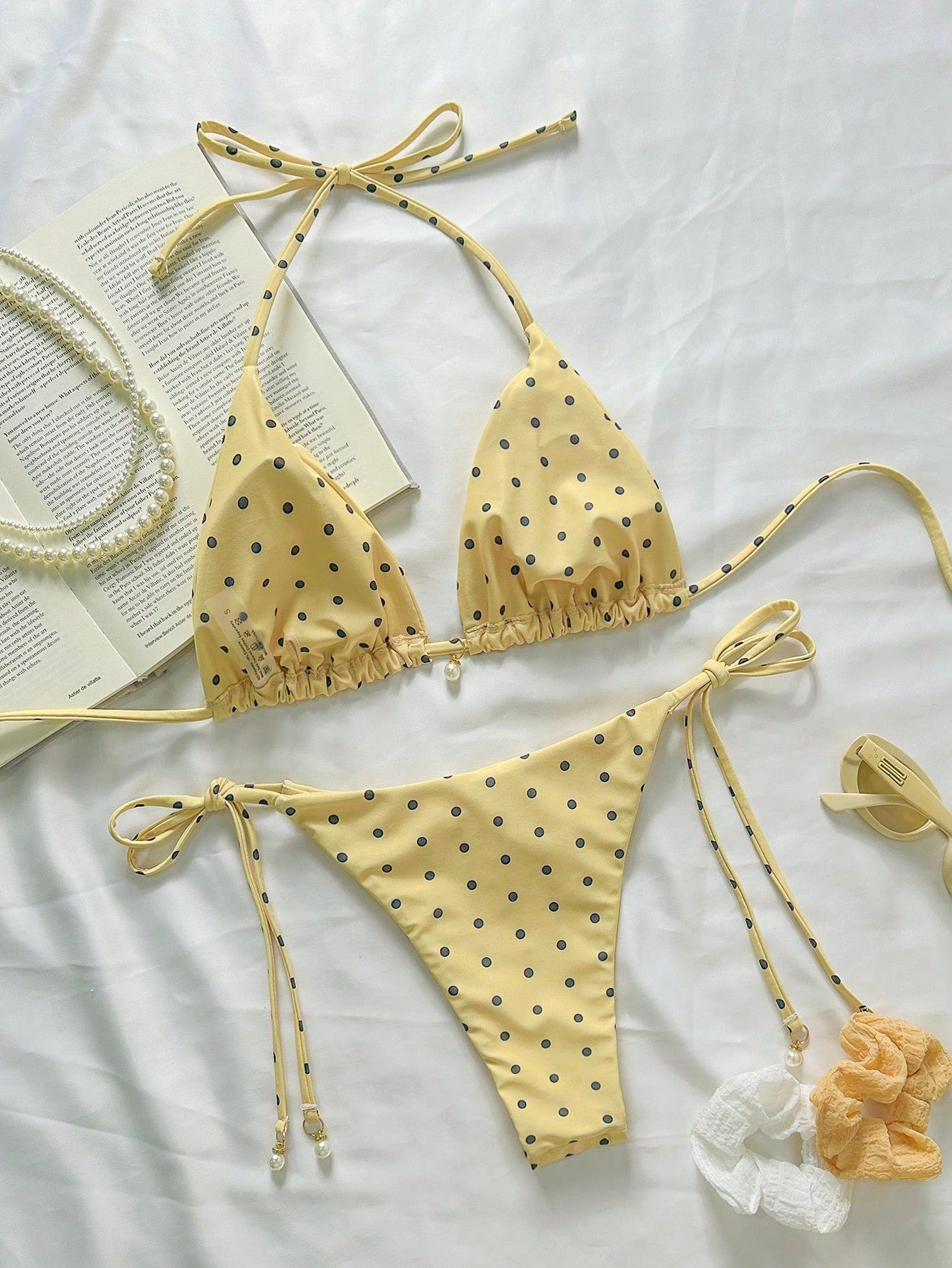 Swim Mod Springbreak Women's Polka Dot Print Halter Tie Front Bikini Set Set, Random Print For Summer Beach Vacation