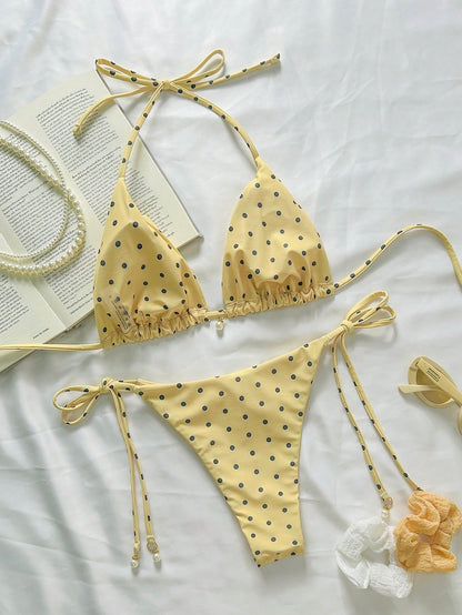 Swim Mod Springbreak Women's Polka Dot Print Halter Tie Front Bikini Set Set, Random Print For Summer Beach Vacation