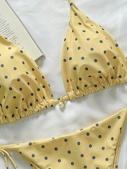 Swim Mod Springbreak Women's Polka Dot Print Halter Tie Front Bikini Set Set, Random Print For Summer Beach Vacation