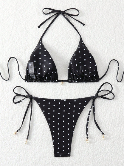 Swim Mod Springbreak Women's Polka Dot Print Halter Tie Front Bikini Set Set, Random Print For Summer Beach Vacation